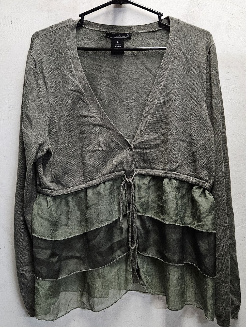 Willi Smith Olive Green Chiffon Tiered Cardigan Swrater Style Top Womens Large